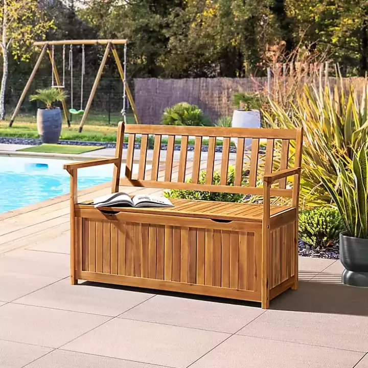 Discount Warm Acacia Wood Slatted Outdoor Storage Bench Outdoor Seating