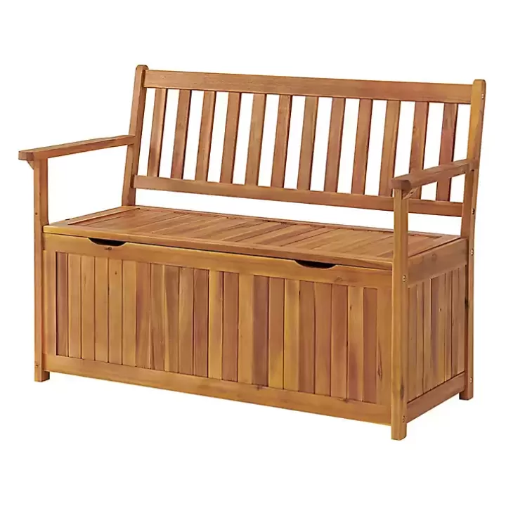 Discount Warm Acacia Wood Slatted Outdoor Storage Bench Outdoor Seating