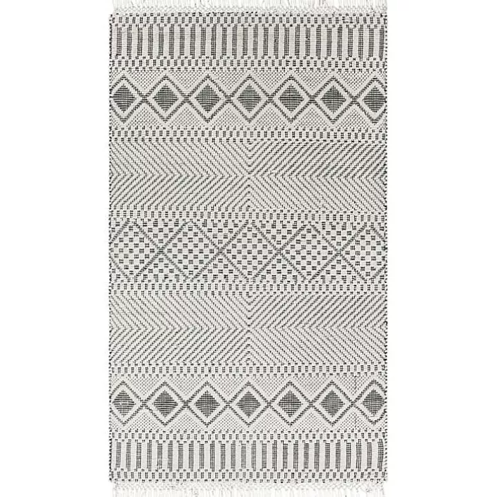 Clearance White and Black Diamond Tassel Wool Area Rug, 5x7 Area Rugs