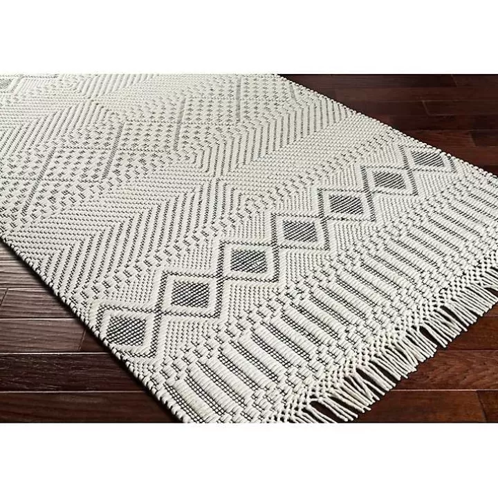 Clearance White and Black Diamond Tassel Wool Area Rug, 5x7 Area Rugs