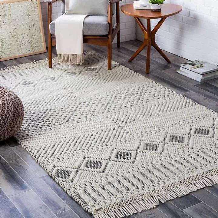 Best White and Black Diamond Tassel Wool Area Rug, 8x10 Area Rugs