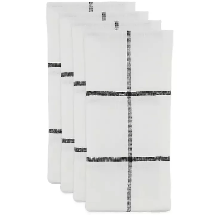 New White and Black Plaid Cotton Napkins, Set of 4 Table Linens