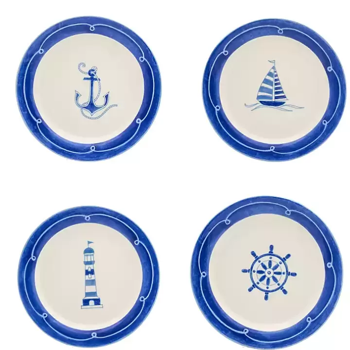 Best Sale White and Blue Nautical Salad Plate Set, Set of 4 Dinnerware
