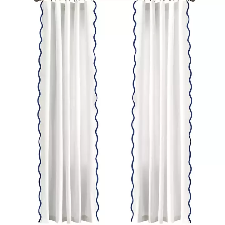 Store White and Navy Scalloped Curtain Panel Set, 84 in. Curtains & Drapes