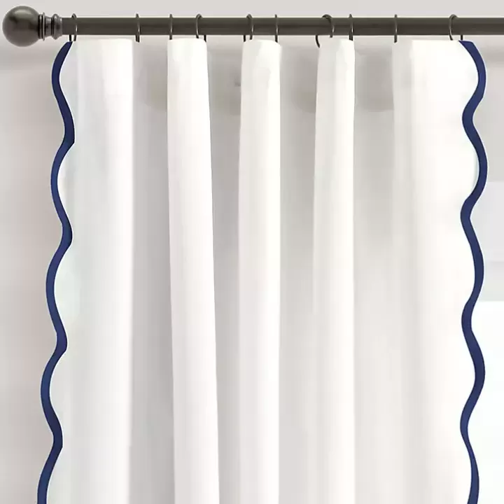 Store White and Navy Scalloped Curtain Panel Set, 84 in. Curtains & Drapes