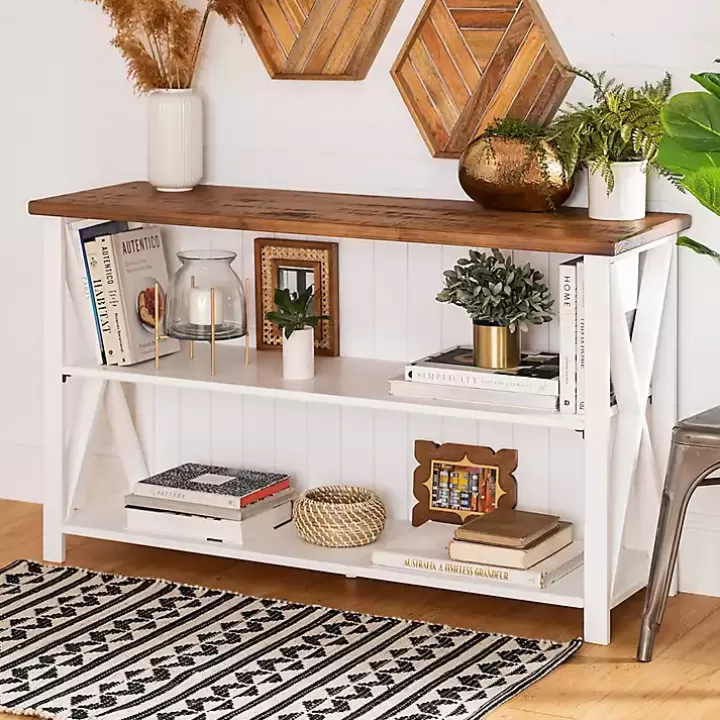 Hot White and Rustic Oak Wood Farmhouse Console Table Console Tables