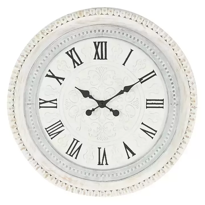 Clearance White Distressed Wood Round Beaded Wall Clock Clocks