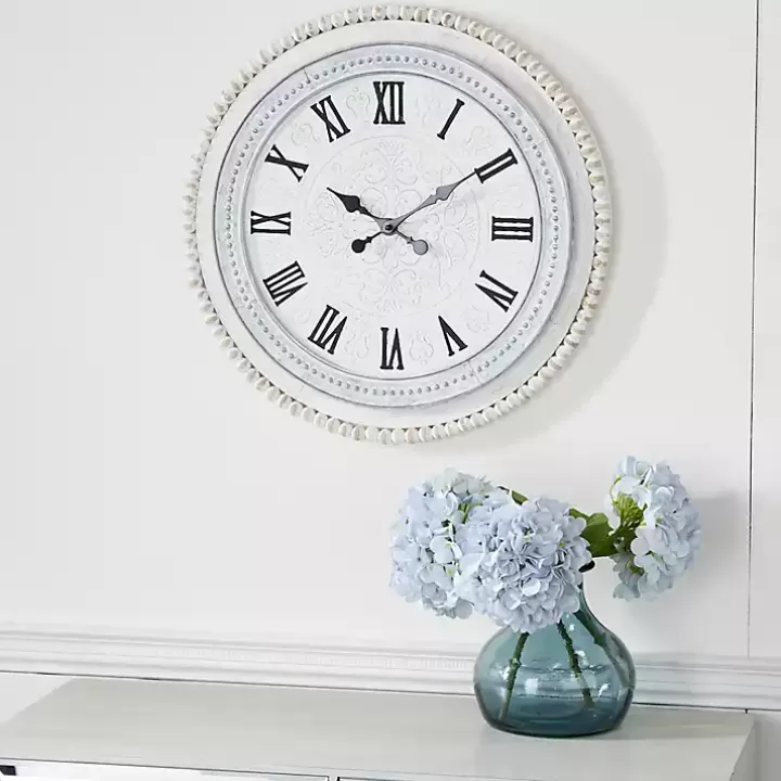 Clearance White Distressed Wood Round Beaded Wall Clock Clocks