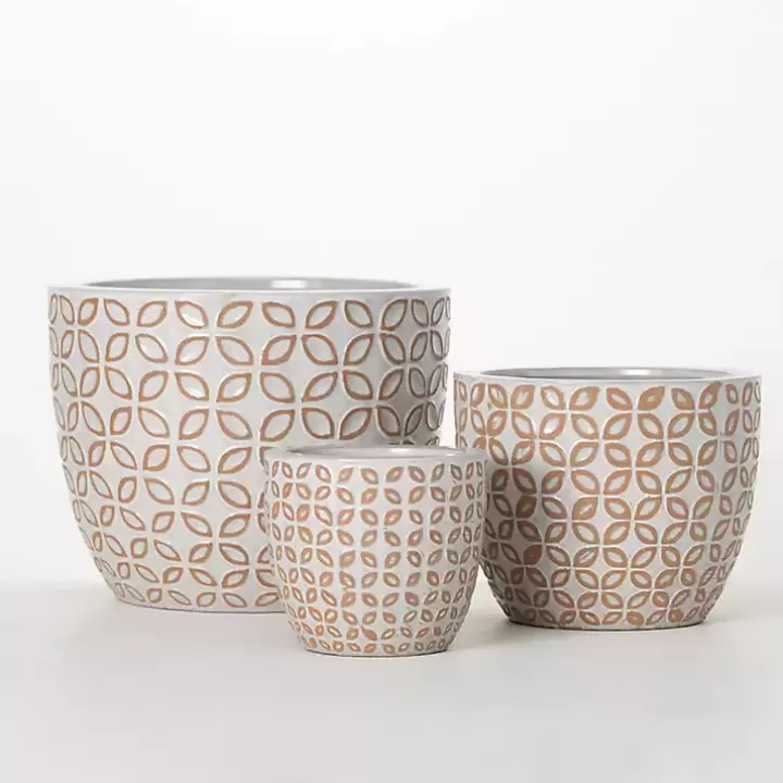 Outlet White Geometric Clay Planters, Set of 3 Planters