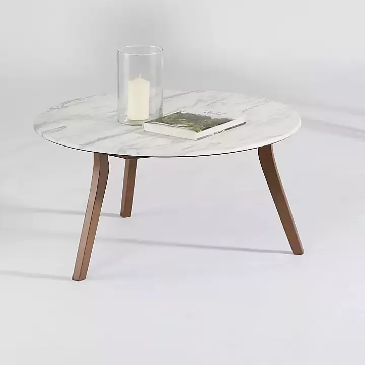 Discount White Marble and Wood Round Coffee Table Coffee Tables