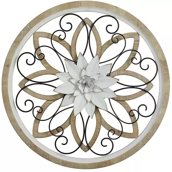 Best White Metal and Wood Floral Round Wall Plaque Wall Plaques