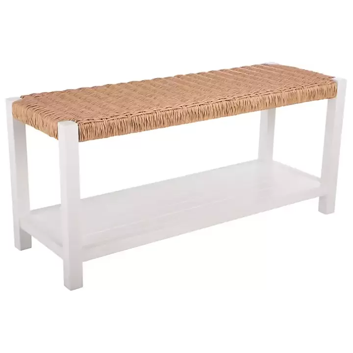 Sale White Newport Wood and Rattan Bench with Shelf Benches & Ottomans