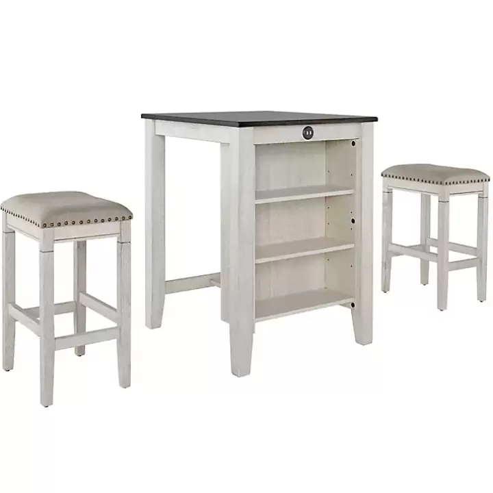 Discount White Wood Linen 3-pc. USB Island and Stool Set Kitchen Islands & Bar Carts