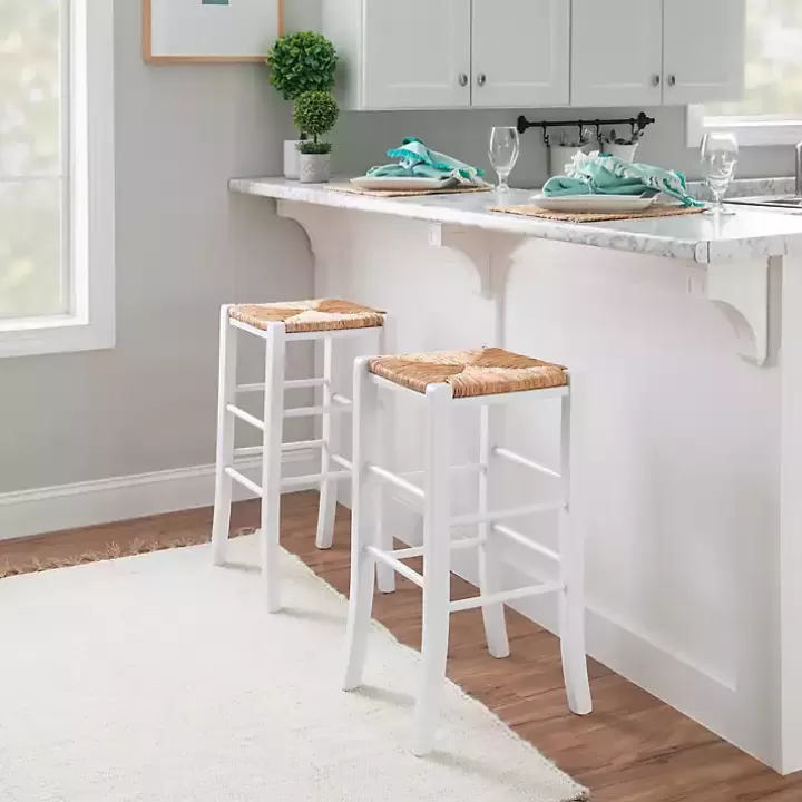 Cheap White Wood Seagrass Backless 2-pc. Bar Stool Set Bar Stools & Counter Height Stools