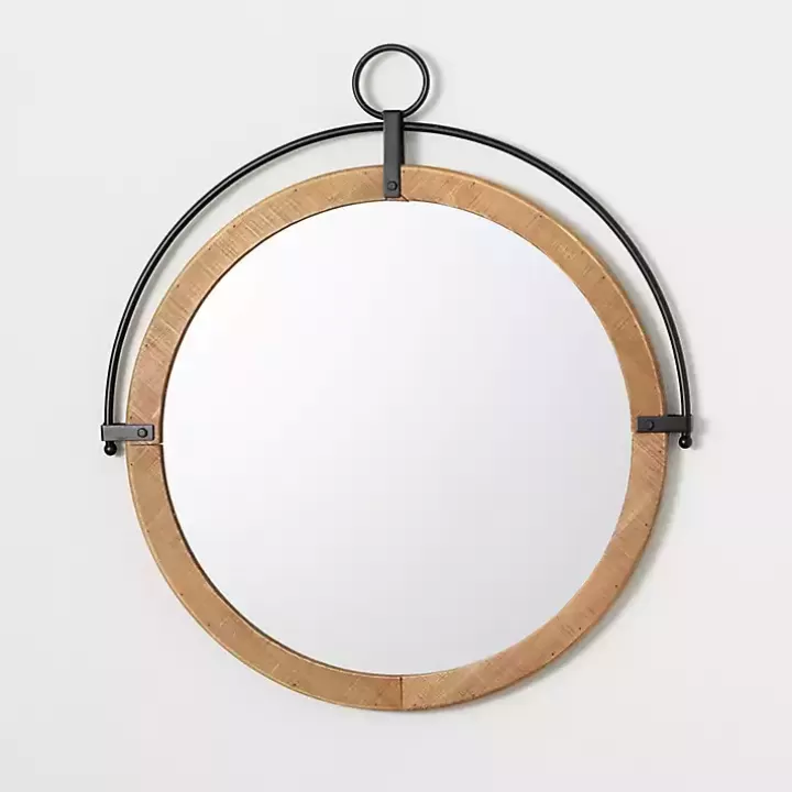 Online Wood and Black Metal Modern Round Wall Mirror Decorative Mirrors