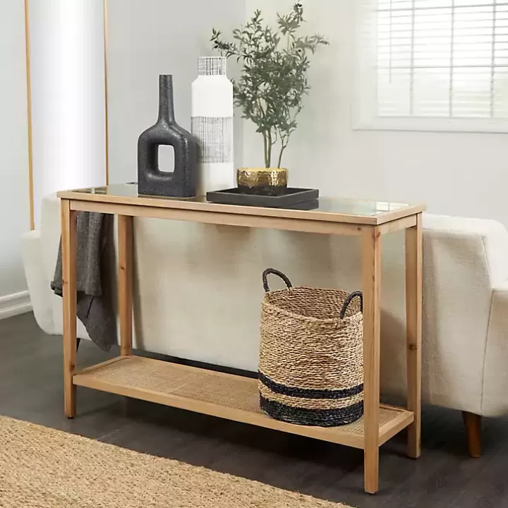 Outlet Wood Glass Top Console Table with Rattan Shelf Entryway Furniture