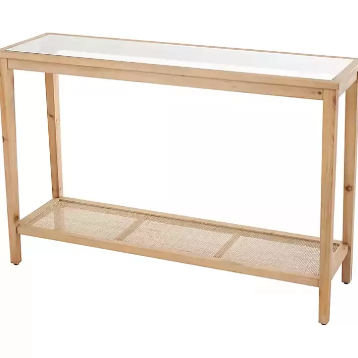 Outlet Wood Glass Top Console Table with Rattan Shelf Entryway Furniture