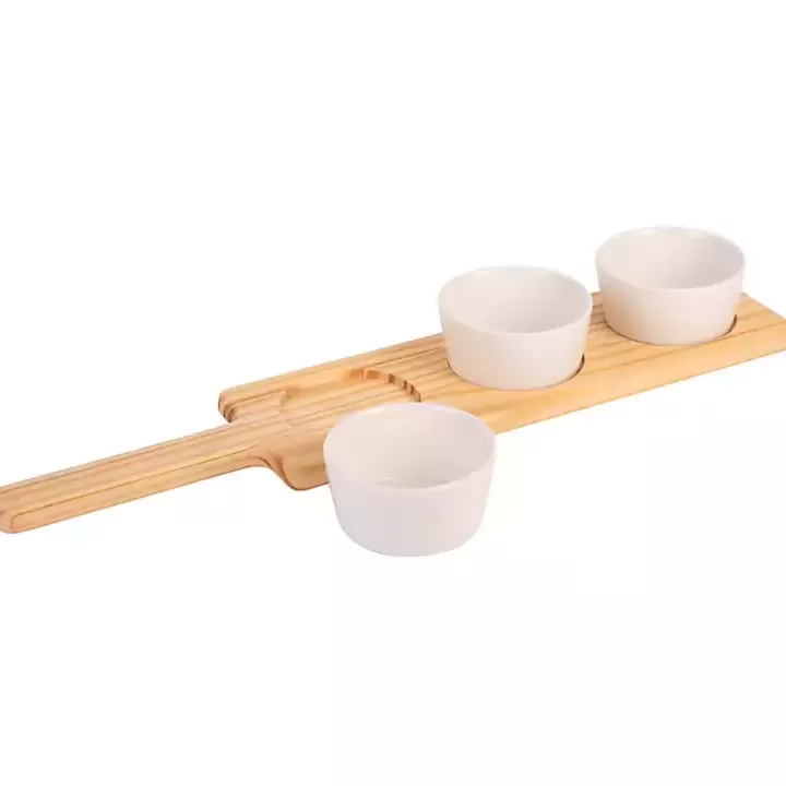 Store Wood Serving Tray with White Ceramic Bowls Serving & Entertaining