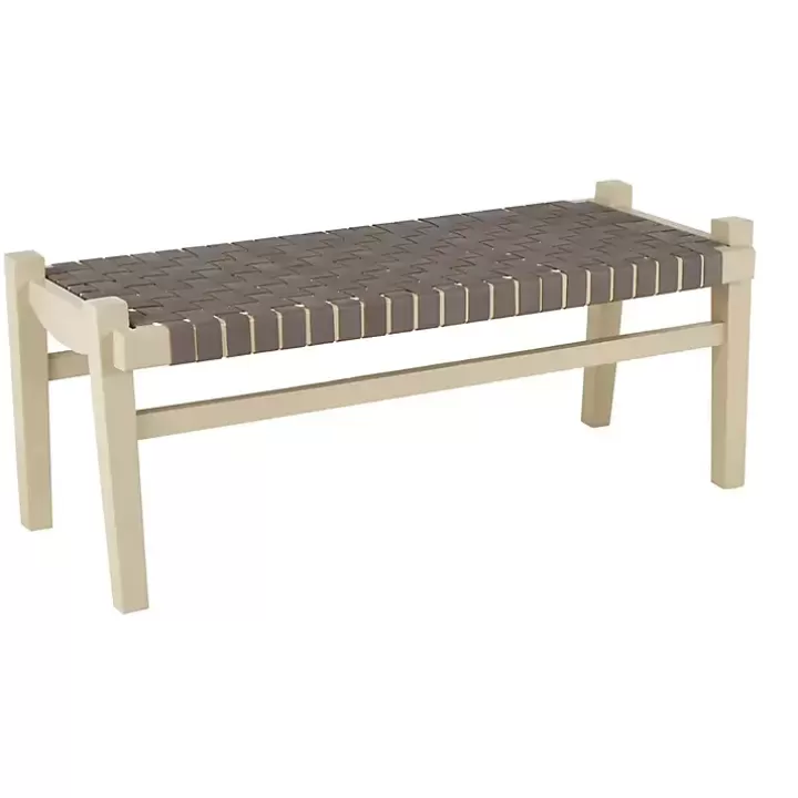 Clearance Woven Leather Natural Wood Bench Benches & Ottomans