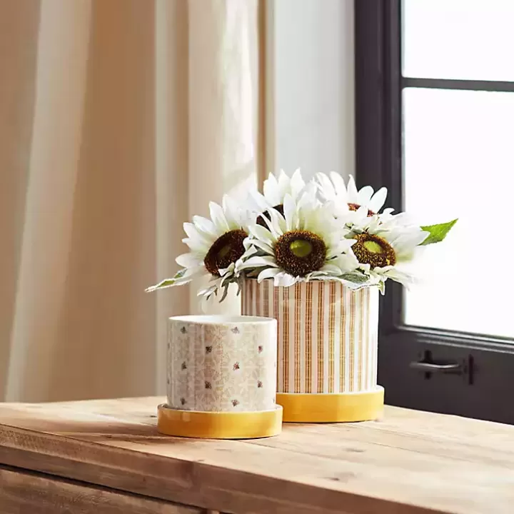 Flash Sale Yellow Striped and Bee Decorative Pots, Set of 2 Planters